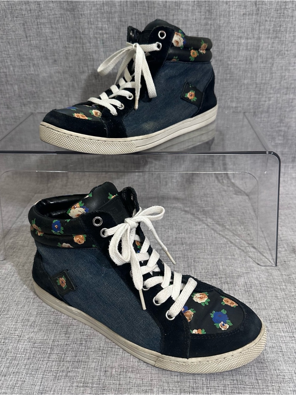 Coach women’s Denim High-Top Sneakers with Floral Trim - Navy & Black